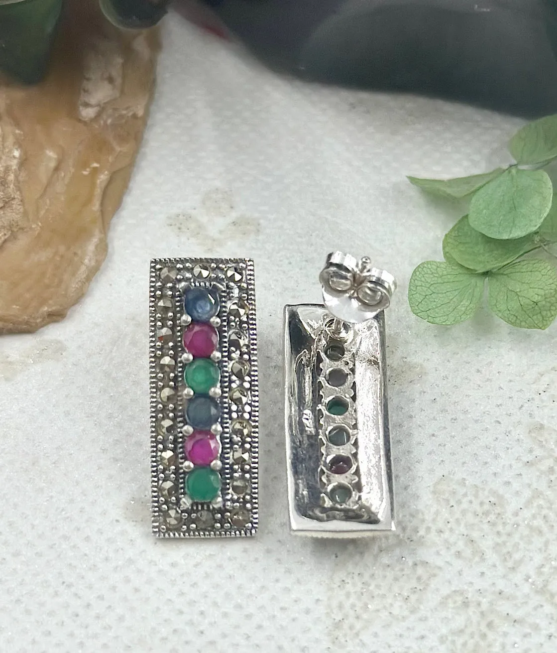 The Silver Marcasite Earstuds (Red/Green/Blue)