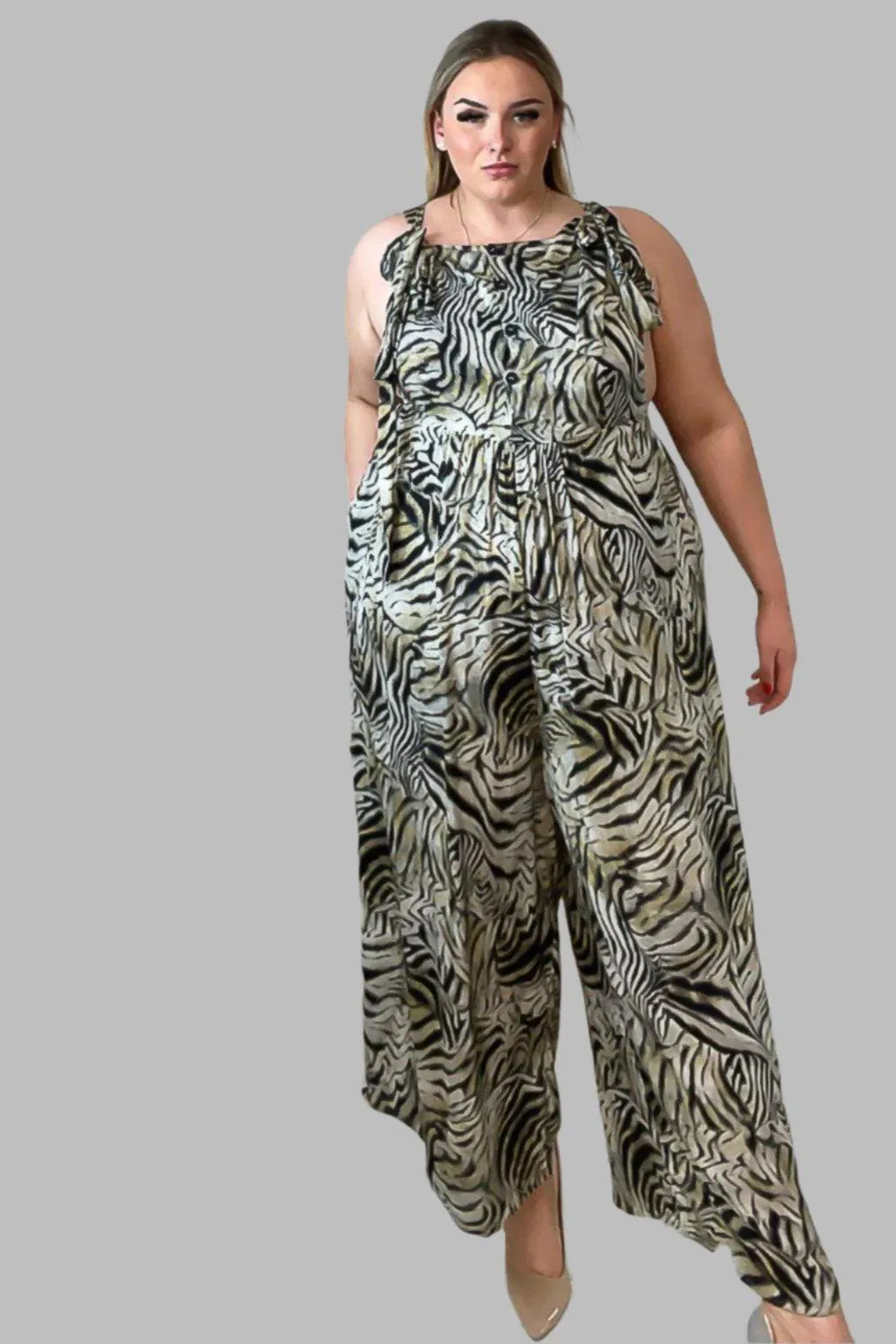 Zebra Print Shoulder Ties Jumpsuit